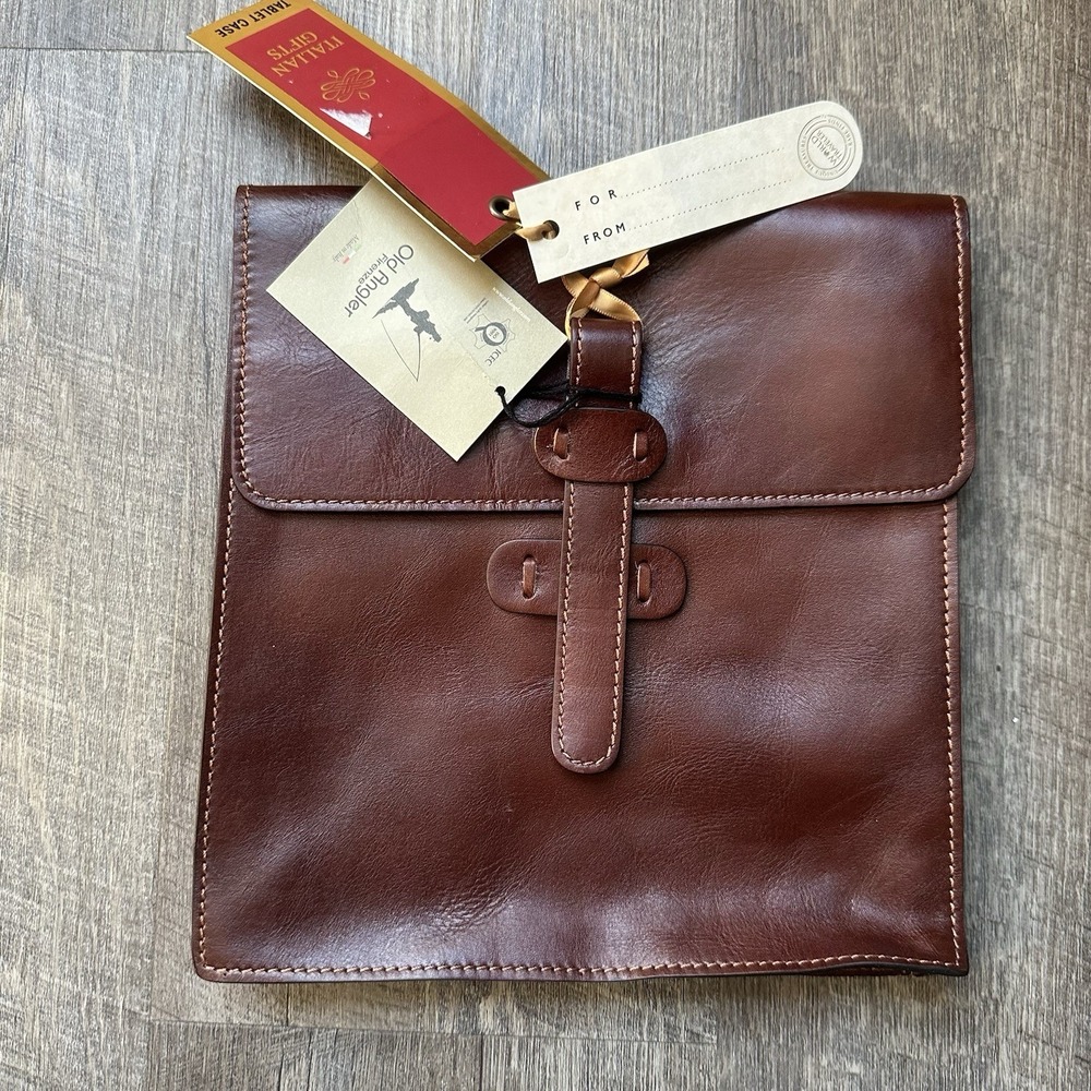 NEW Old‎ Angler Firenze Italian Leather Messenger Bag Brown Tablet iPad
